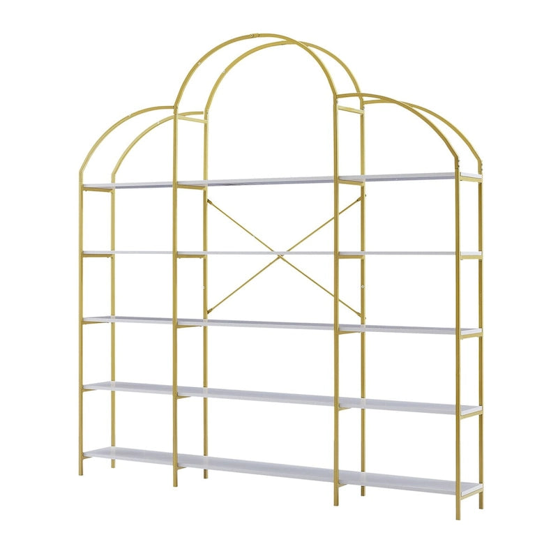 White & Gold 5-Tier Open Bookshelf, Single-Person Assembly