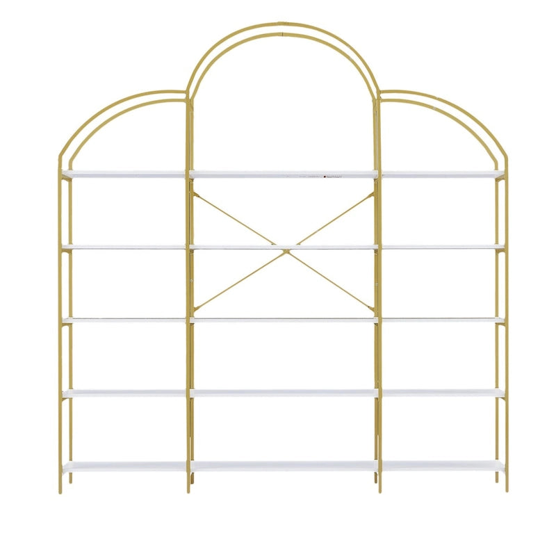 White & Gold 5-Tier Open Bookshelf, Single-Person Assembly