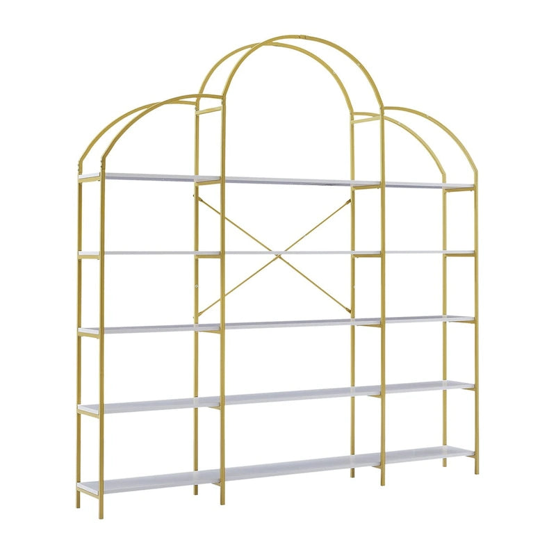White & Gold 5-Tier Open Bookshelf, Single-Person Assembly