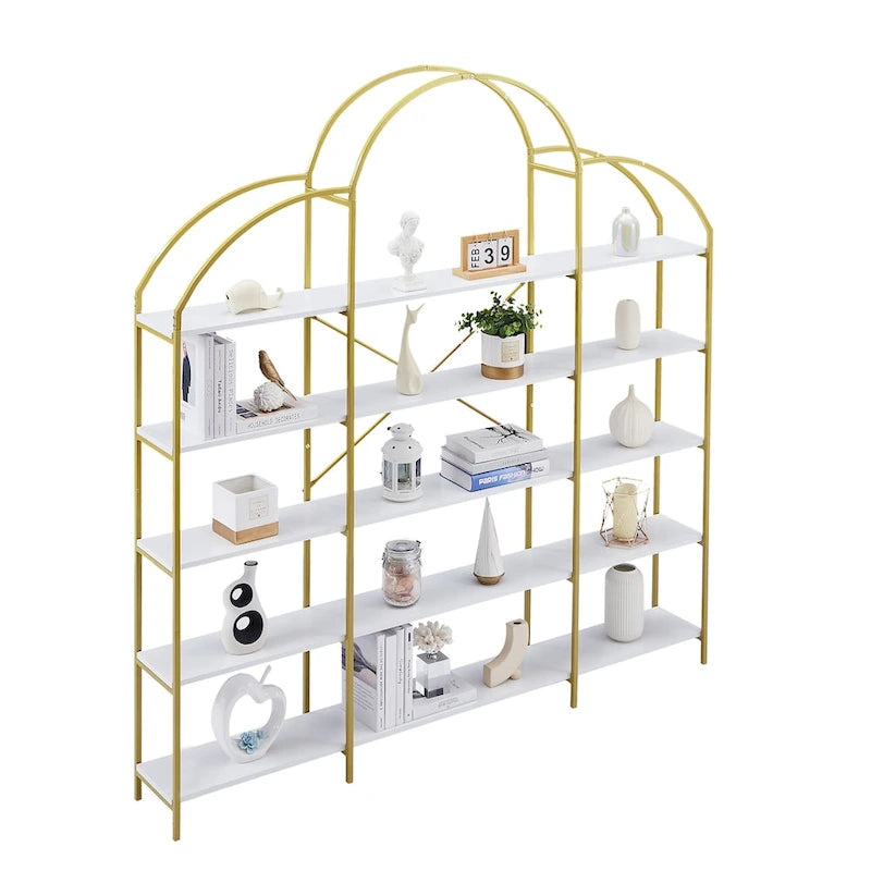 White & Gold 5-Tier Open Bookshelf, Single-Person Assembly