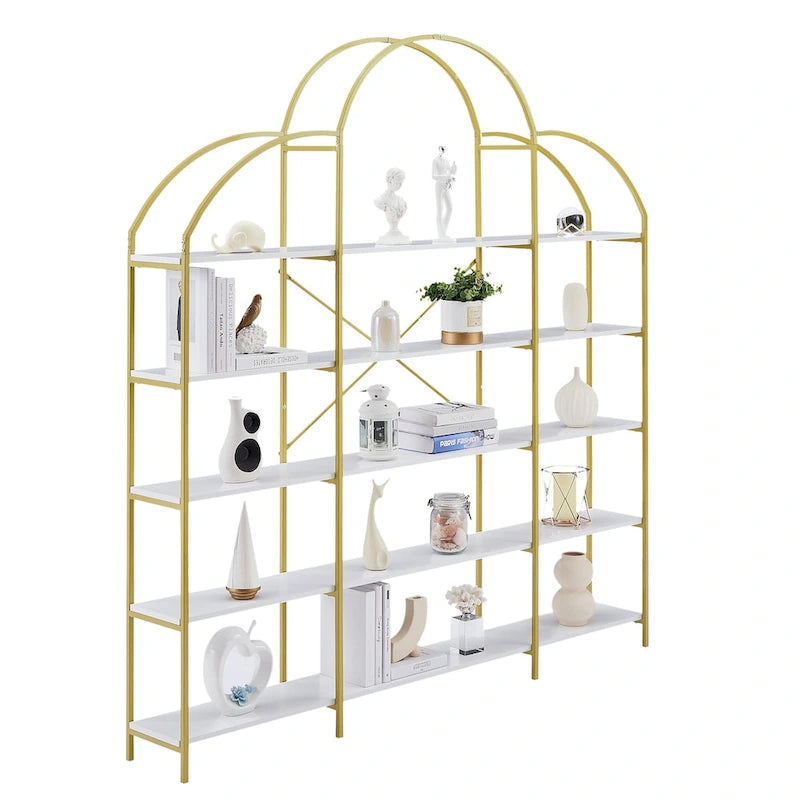 White & Gold 5-Tier Open Bookshelf, Single-Person Assembly