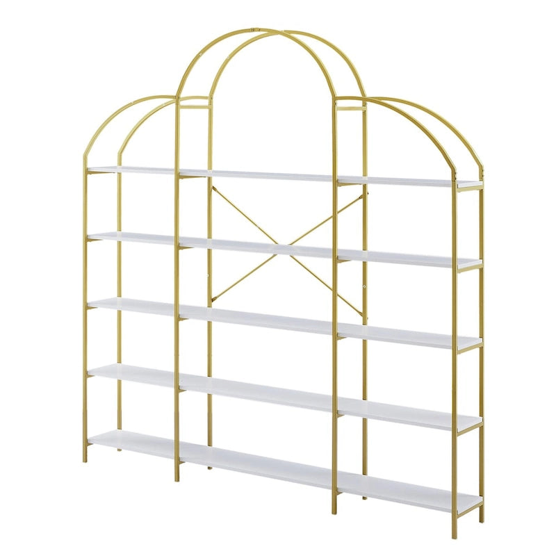 White & Gold 5-Tier Open Bookshelf, Single-Person Assembly