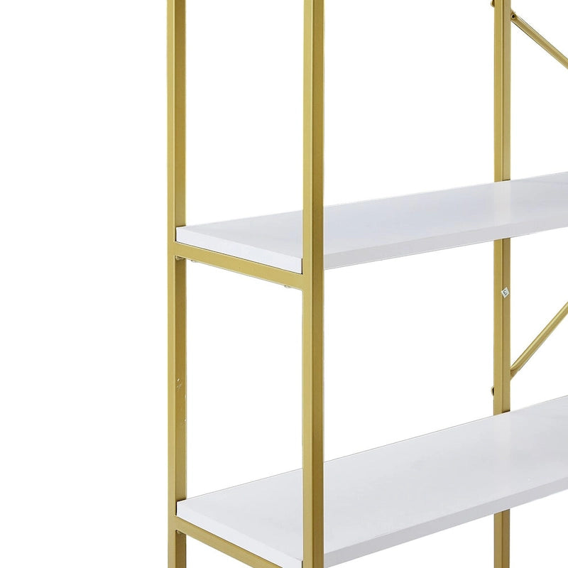 White & Gold 5-Tier Open Bookshelf, Single-Person Assembly