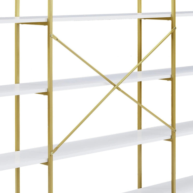 White & Gold 5-Tier Open Bookshelf, Single-Person Assembly