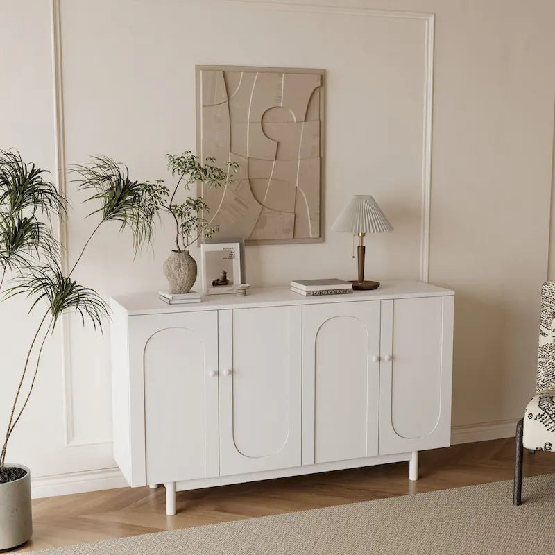 Functional 4-Door Intaglio Storage Cabinet with Pine Legs