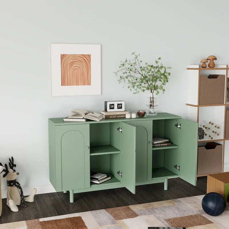 Functional 4-Door Intaglio Storage Cabinet with Pine Legs