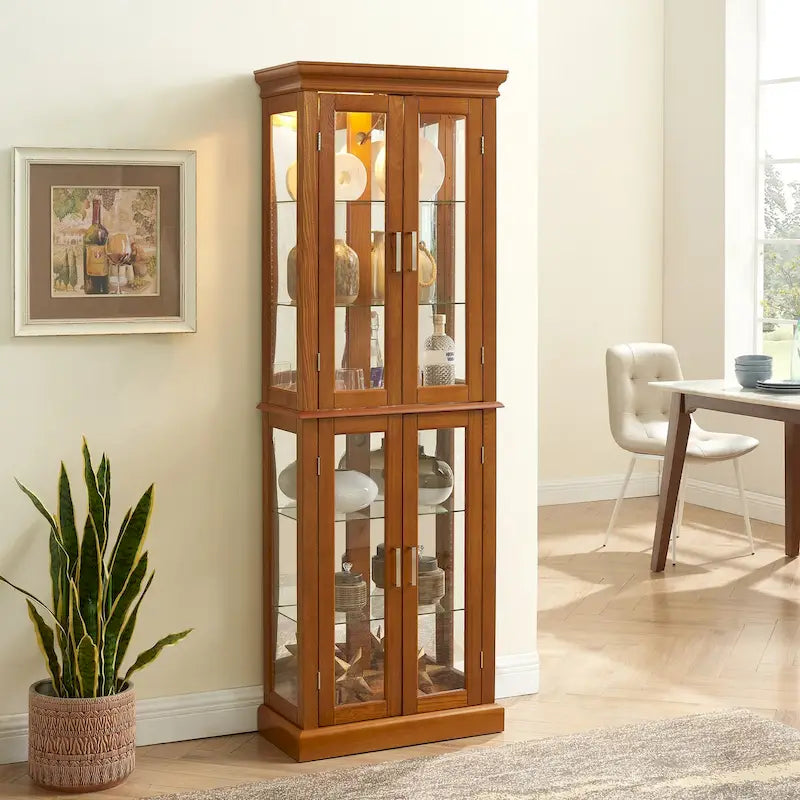 Oak Classic Lighted Curio Cabinet with Glass Doors, 2-Person Assembly
