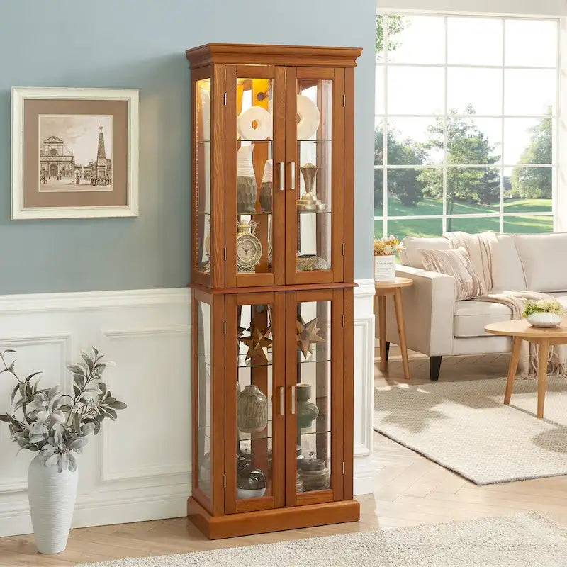 Oak Classic Lighted Curio Cabinet with Glass Doors, 2-Person Assembly