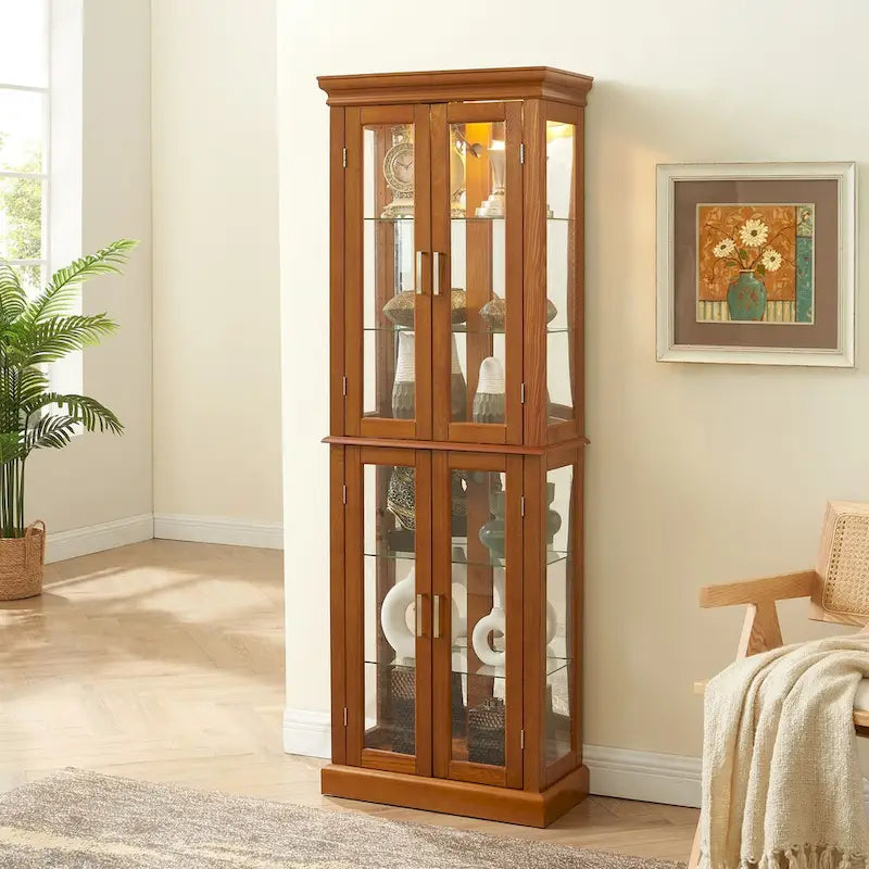 Oak Classic Lighted Curio Cabinet with Glass Doors, 2-Person Assembly