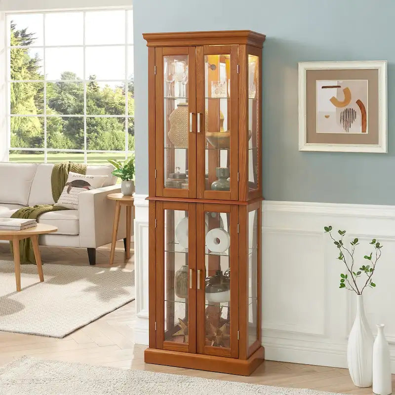 Oak Classic Lighted Curio Cabinet with Glass Doors, 2-Person Assembly