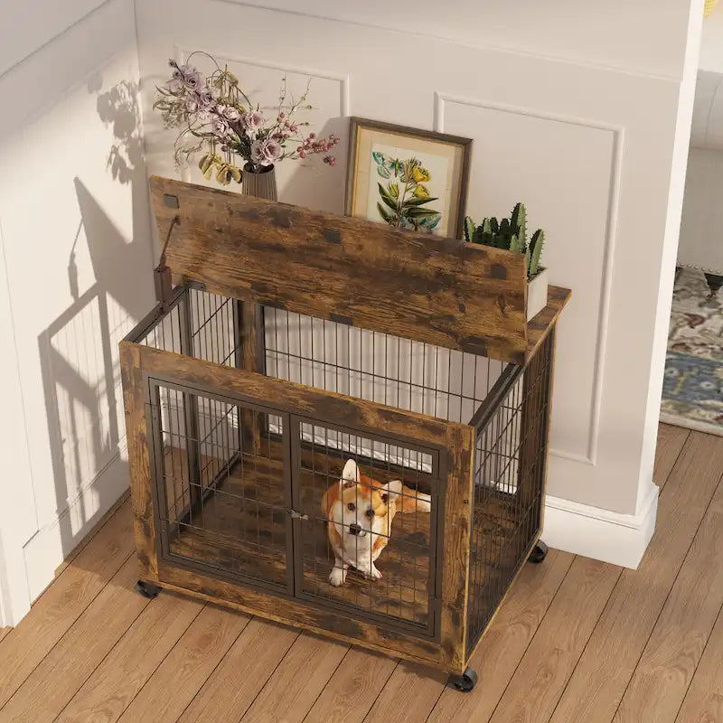 Furniture Style Dog Crate Side Table on Wheels with Double Doors and Lift Top,Rustic Brown,31.50 W x 22.05 D x 25 H.