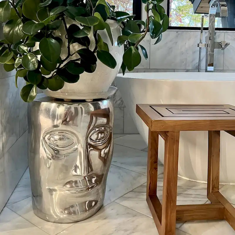 Silver Round Metal Stool / Side Table, 1-Person