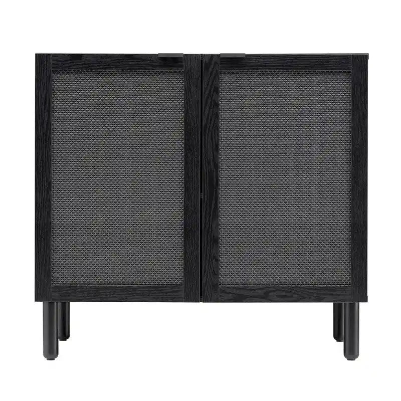 Black 2-Door Cabinet with Black Rattan Panels, MDF Top