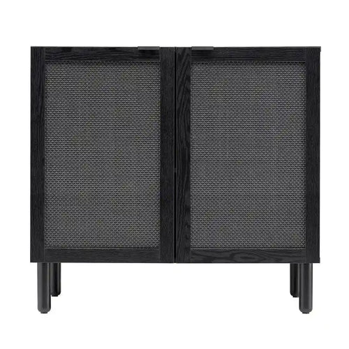 Black 2-Door Cabinet with Black Rattan Panels, MDF Top