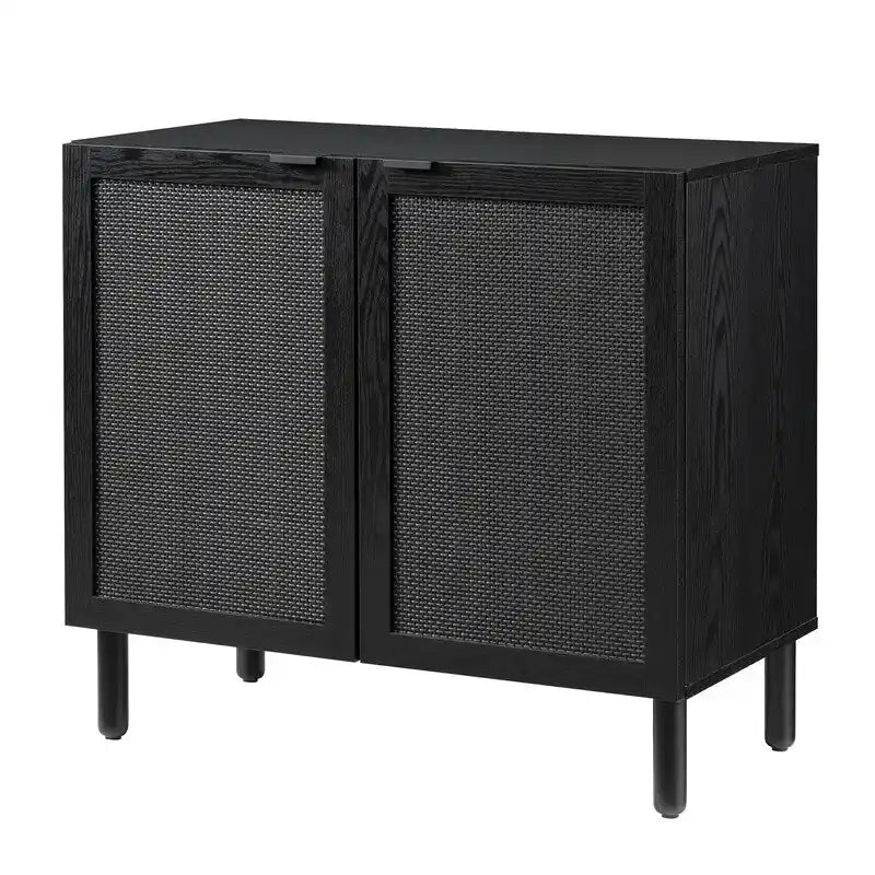 Black 2-Door Cabinet with Black Rattan Panels, MDF Top