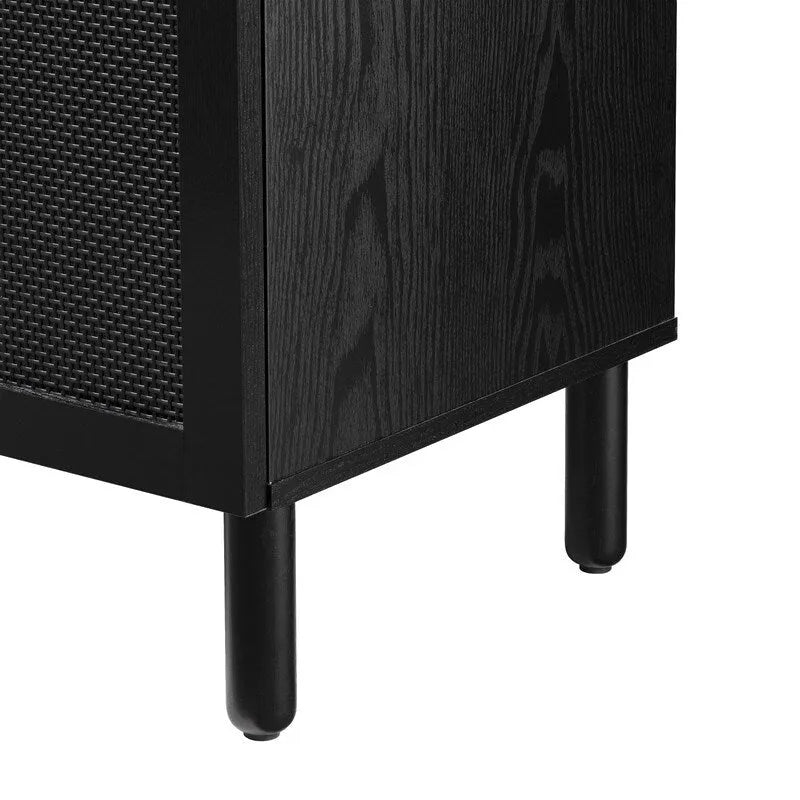 Black 2-Door Cabinet with Black Rattan Panels, MDF Top