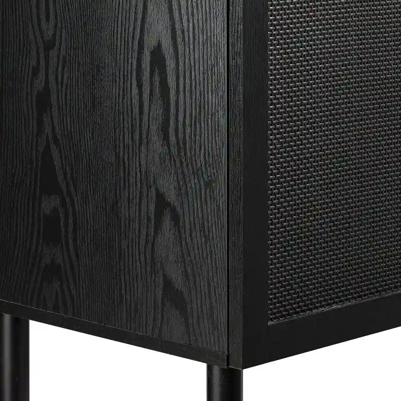 Black 2-Door Cabinet with Black Rattan Panels, MDF Top