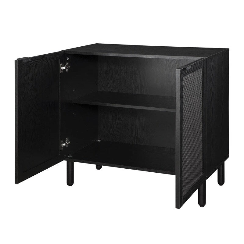 Black 2-Door Cabinet with Black Rattan Panels, MDF Top