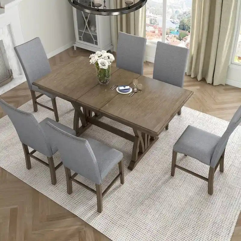 Grey Mid-Century Extendable Dining Table Set, Seats 6