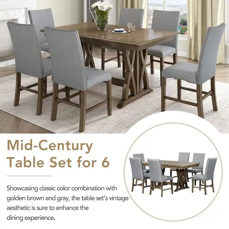 Grey Mid-Century Extendable Dining Table Set, Seats 6