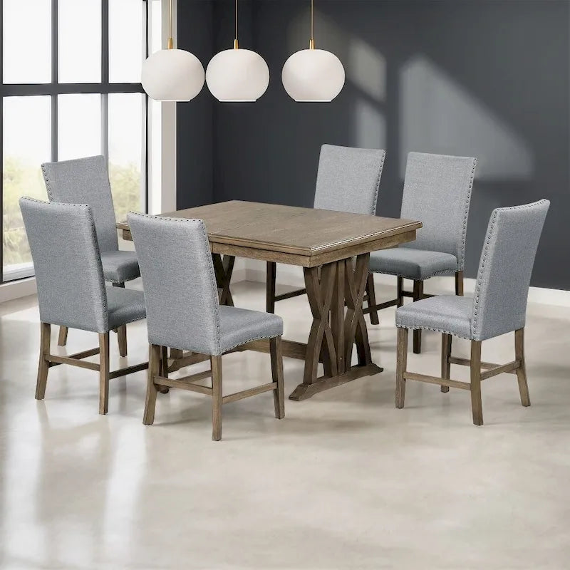 7-Piece Dining Table Set Extendable Kitchen Table Set with Upholstered Chairs,Grey