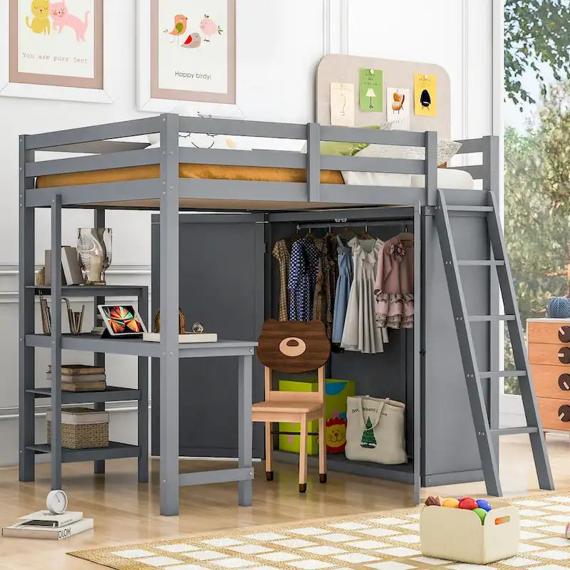Full Size Loft Bed with Wardrobe and Desk and Shelves