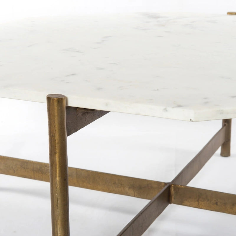 White Marble Top Coffee Table with Brass Metal Legs