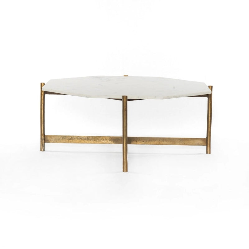 White Marble Top Coffee Table with Brass Metal Legs