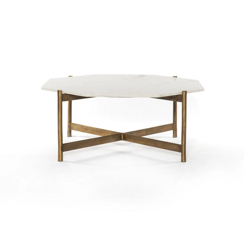 White Marble Top Coffee Table with Brass Metal Legs