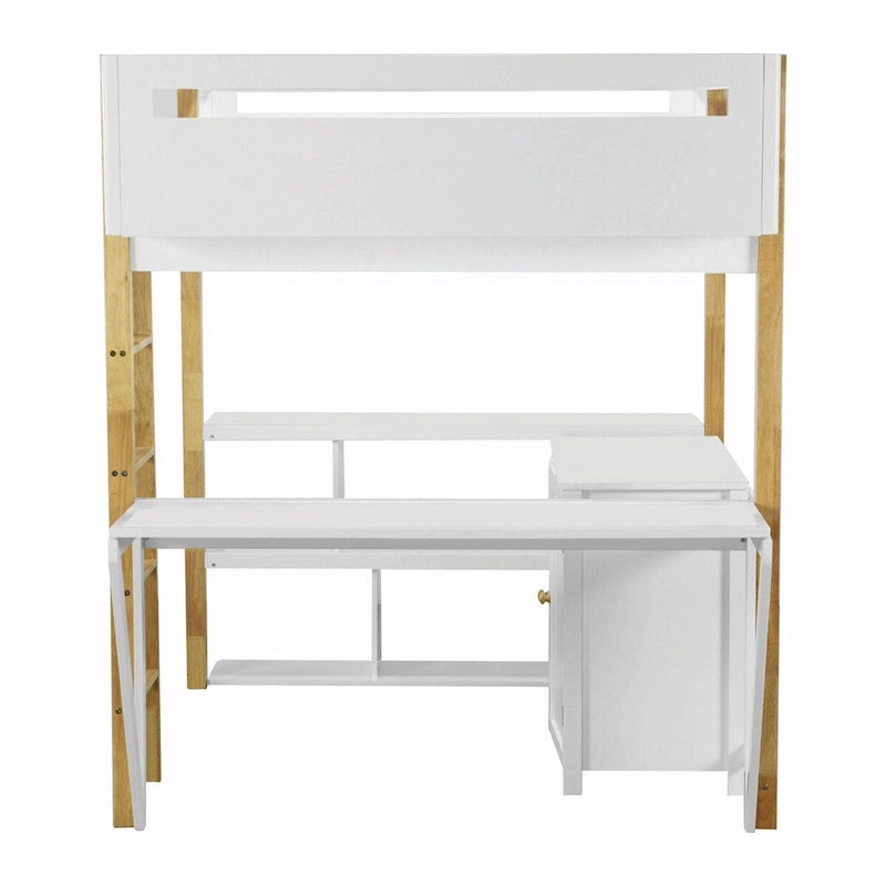 Wood Loft Bed With Built-in Storage Cabinet, Cubes, and Foldable Desk
