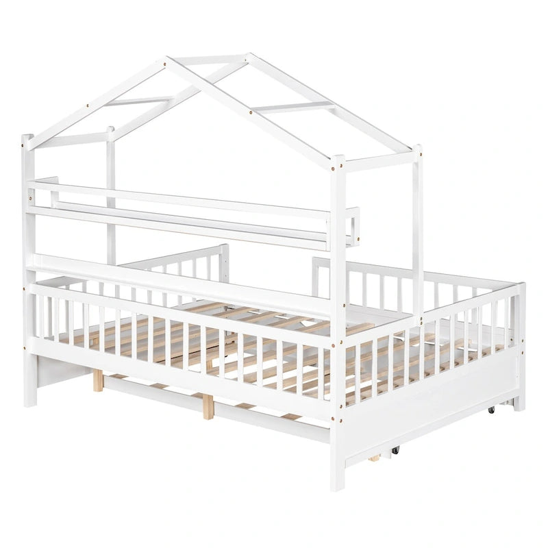 White Kids Wooden House Bed with Twin Size Trundle and Shelf