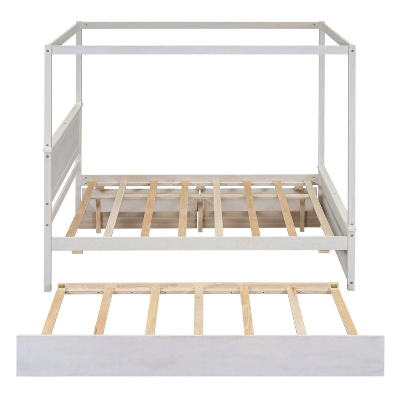 Wood Full Canopy Bed with Included Trundle for Additional Sleep Space