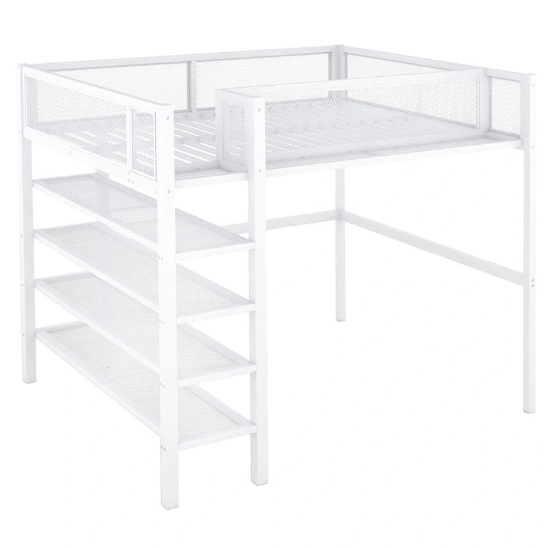 White Metal Loft Bed with 4-Tier Shelves and Storage