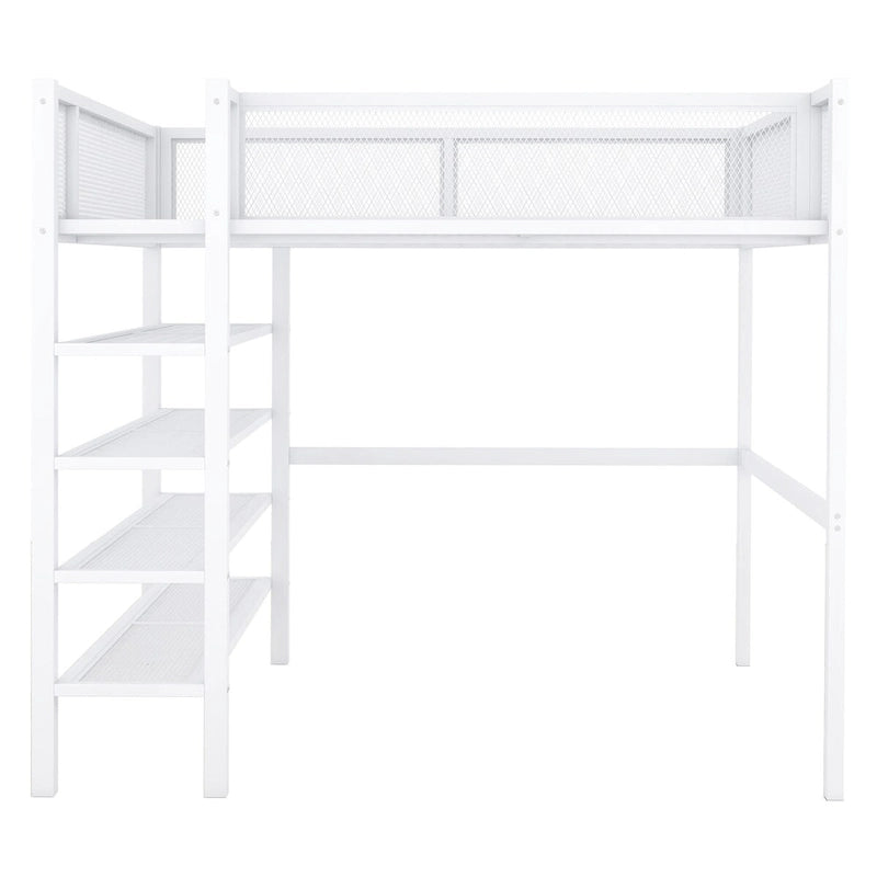 White Metal Loft Bed with 4-Tier Shelves and Storage