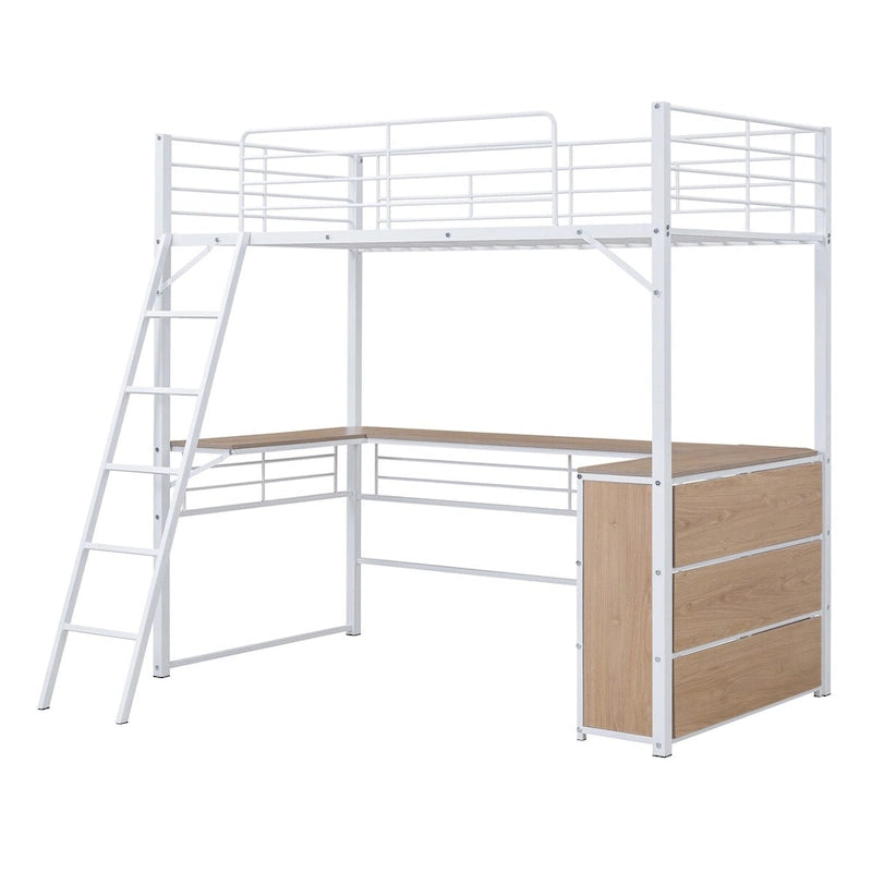 White Twin Metal Loft Bed with Shelves & Desk