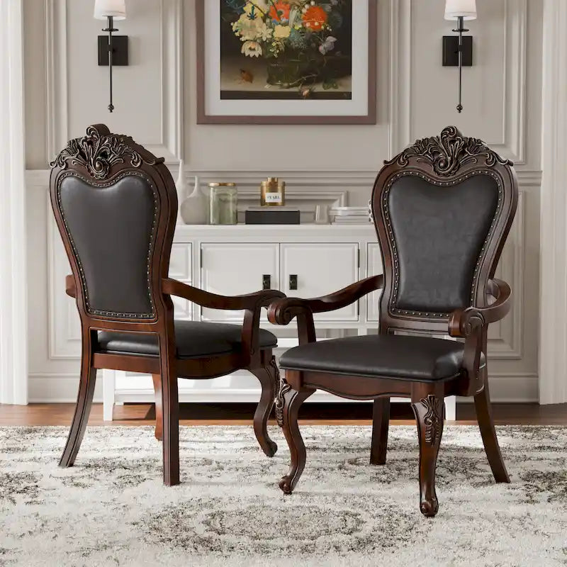 Traditional Solid Wood Dining Arm Chair with Nailhead Trim & Cabriole Legs, Cherry/White (Set of 2)