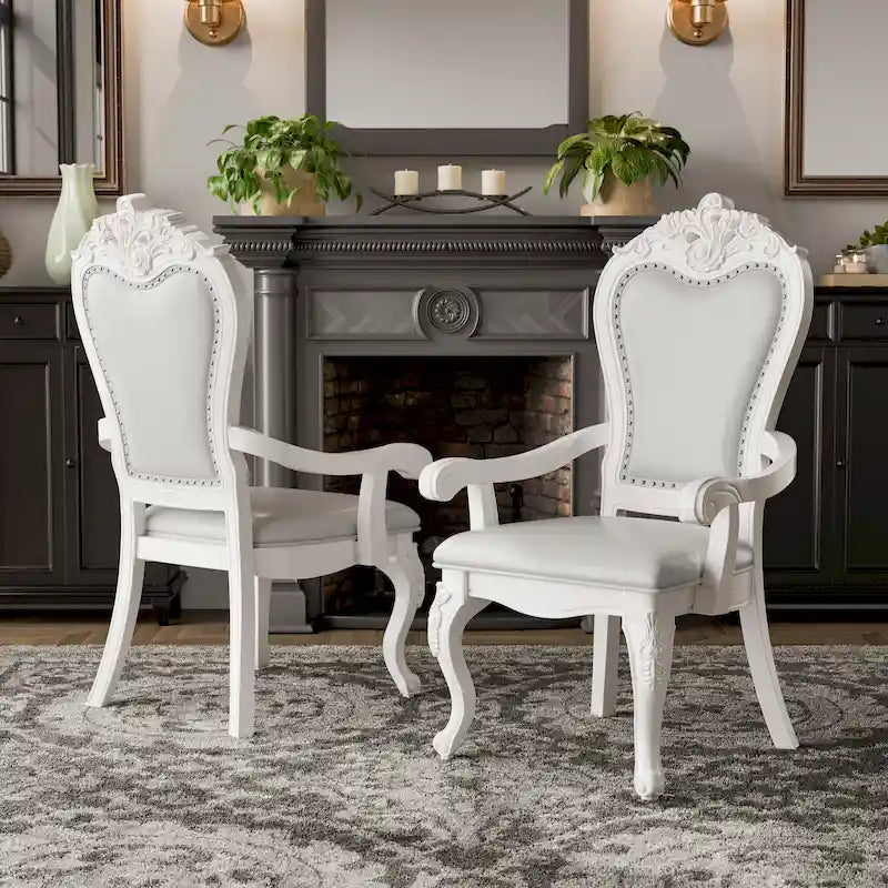 Traditional Solid Wood Dining Arm Chair with Nailhead Trim & Cabriole Legs, Cherry/White (Set of 2)