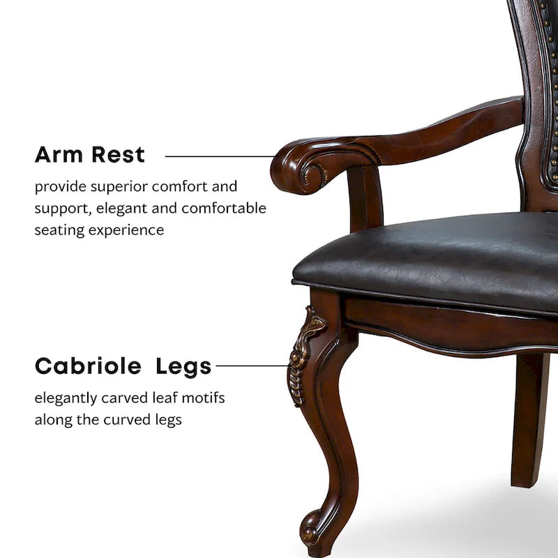 Traditional Solid Wood Dining Arm Chair with Nailhead Trim & Cabriole Legs, Cherry/White (Set of 2)