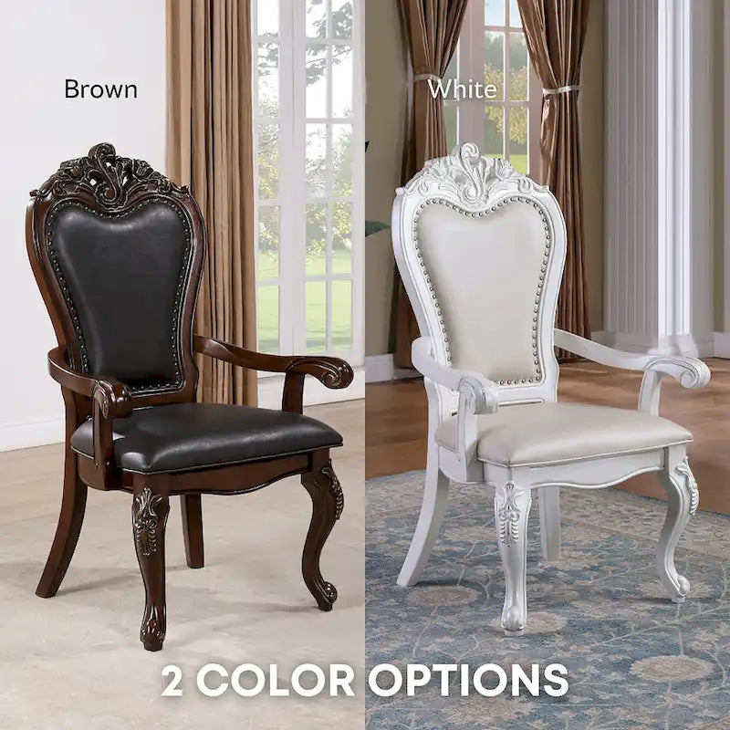Traditional Solid Wood Dining Arm Chair with Nailhead Trim & Cabriole Legs, Cherry/White (Set of 2)