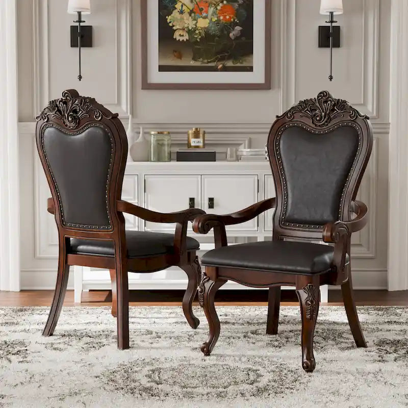 Traditional Solid Wood Dining Arm Chair with Nailhead Trim & Cabriole Legs, Cherry/White (Set of 2)
