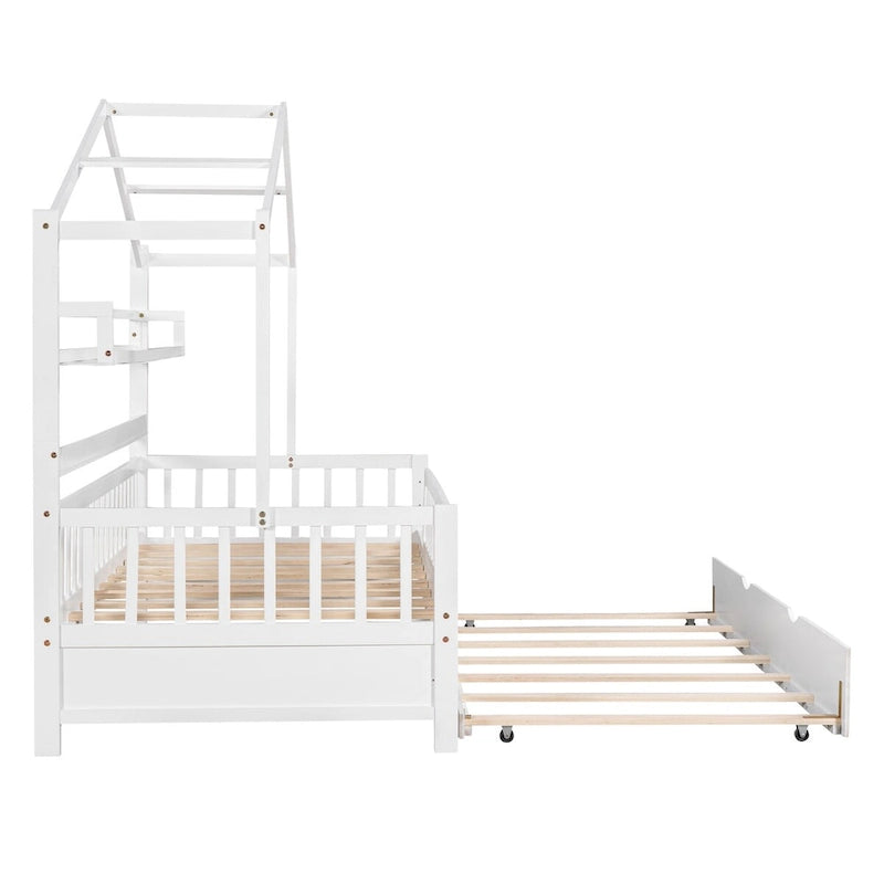 White Wooden House Bed with Twin Trundle and Shelf, Full-Length Guardrail