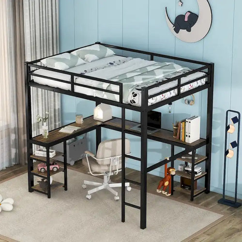 Full Metal Loft Bed with Desk and Shelves