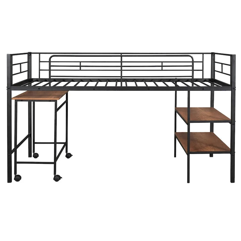Twin Over Low Loft Bed Frame with Rolling Desk and Shelves,Twin Size Metal Bed with Steel Slat Supports,for Teens Kids Child