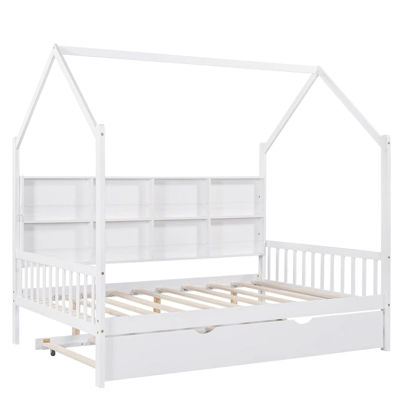 White Wooden Kids House Bed with Trundle and Shelf