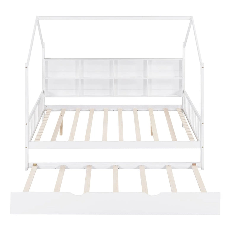 White Wooden Kids House Bed with Trundle and Shelf