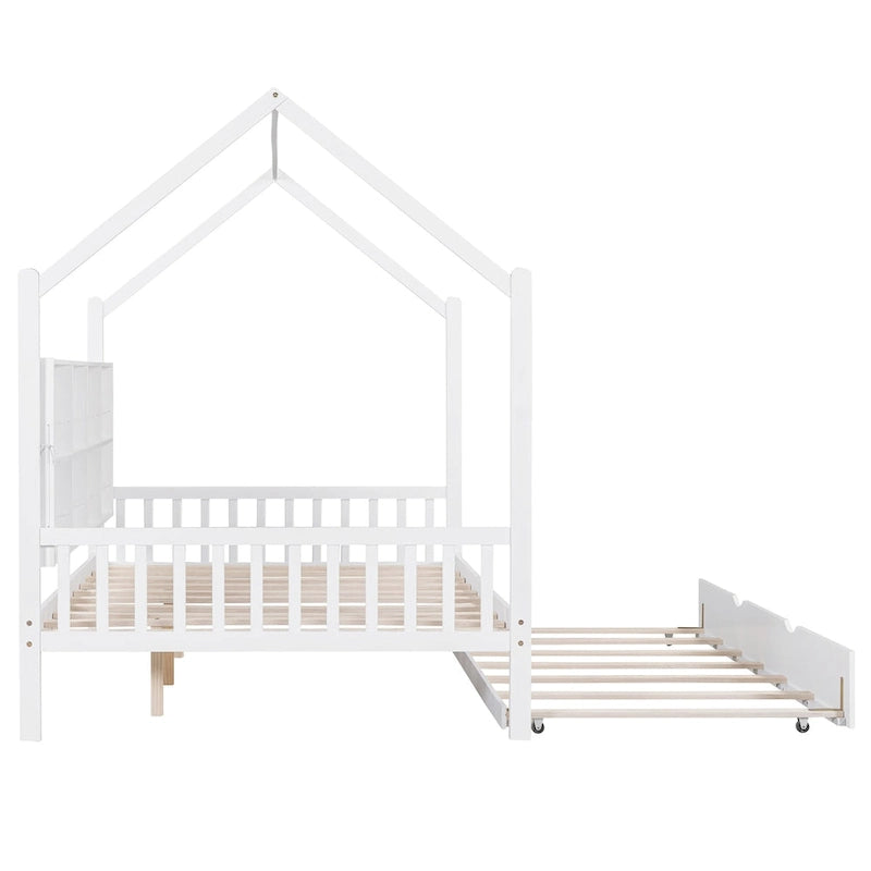 White Wooden Kids House Bed with Trundle and Shelf