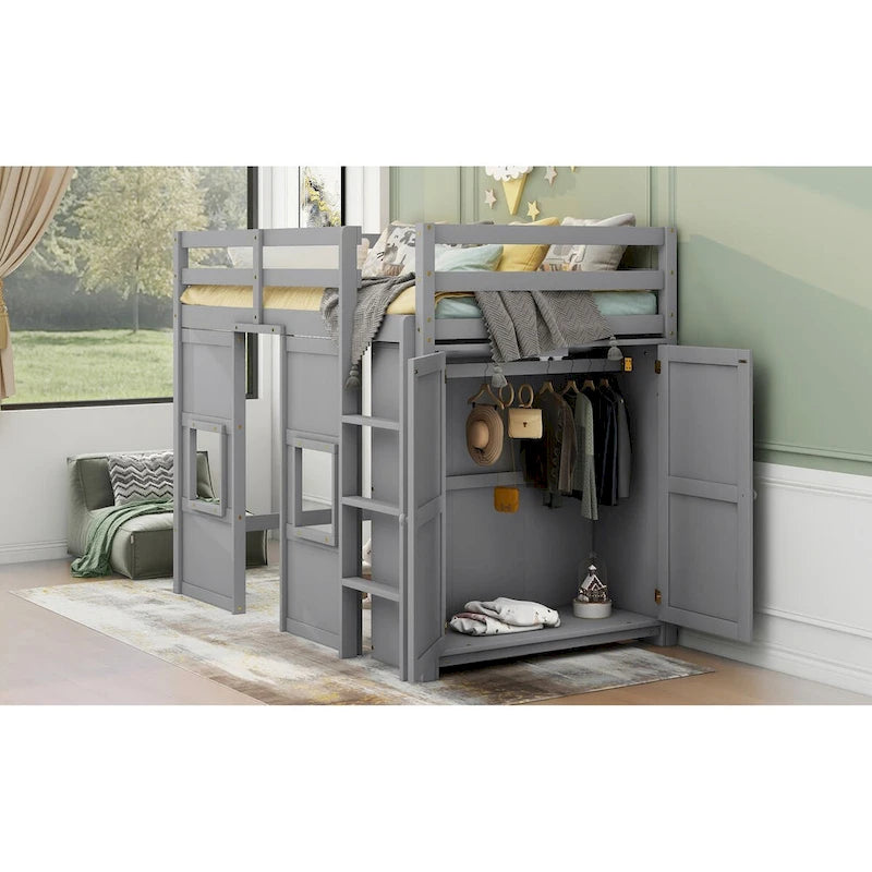 Wood Twin Size Loft Bed with Built-In Storage Wardrobe and 2 Windows, Full-Length Guardrails Upper Bunk