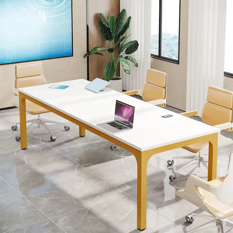Coffee Brown / White & Gold, Rectangular, Seats 6, 6.5FT Conference Table with Metal Legs