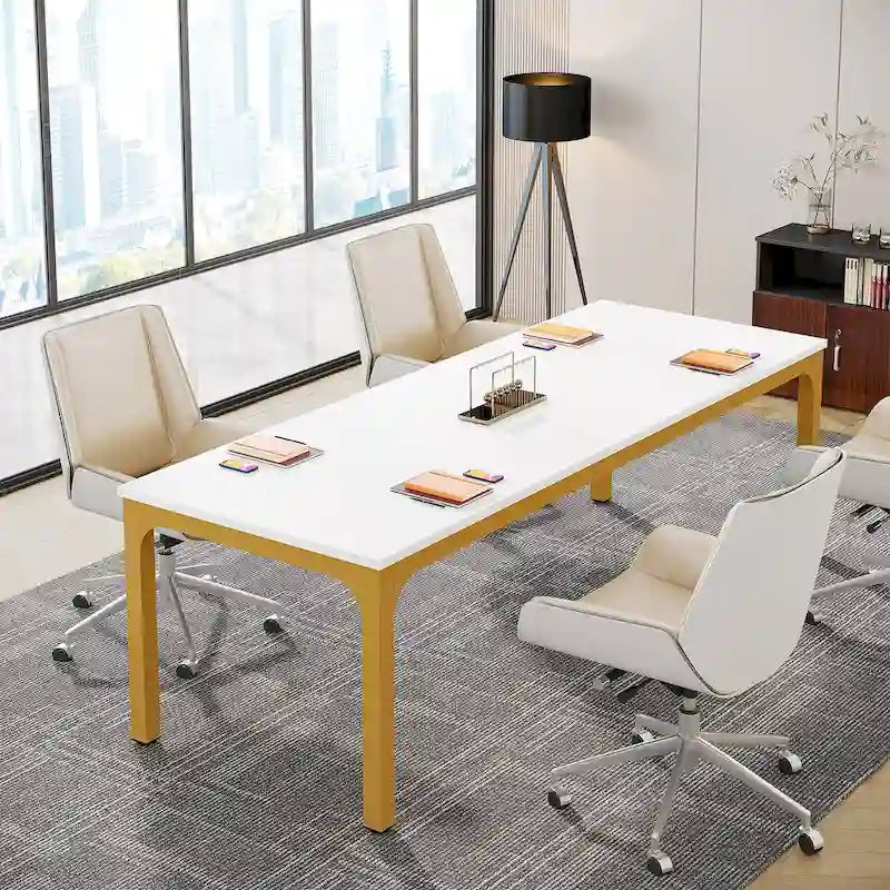 Coffee Brown / White & Gold, Rectangular, Seats 6, 6.5FT Conference Table with Metal Legs