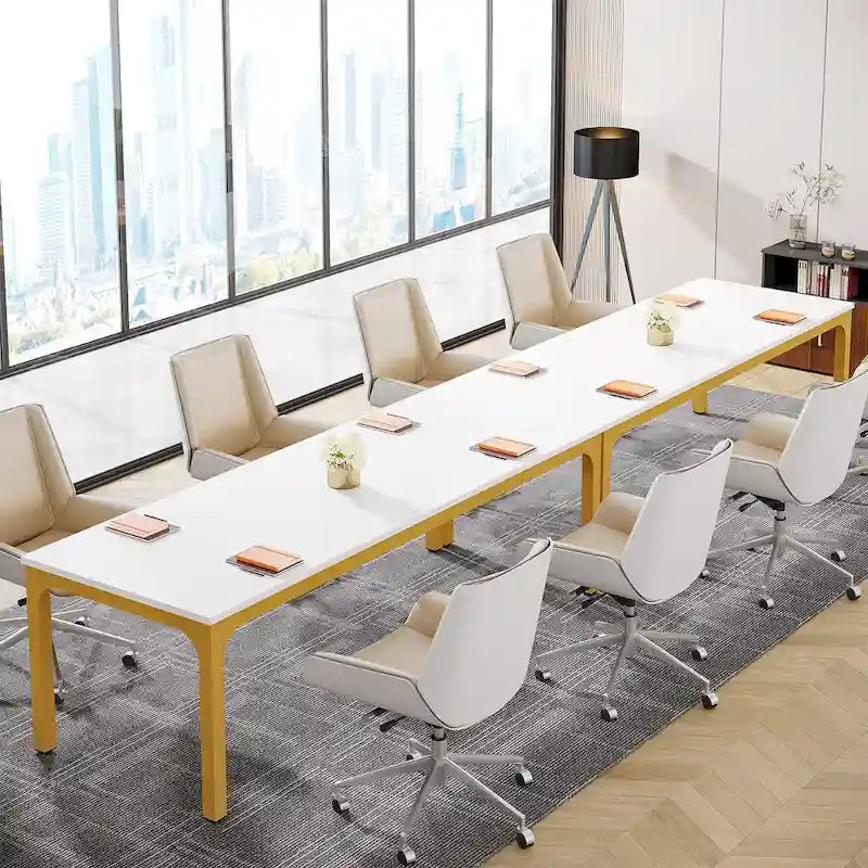 Coffee Brown / White & Gold, Rectangular, Seats 6, 6.5FT Conference Table with Metal Legs